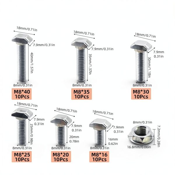 Tanstic M8 T Slot Drop in Bolt Hammer Head Nickel Plated 60pcs Set-1