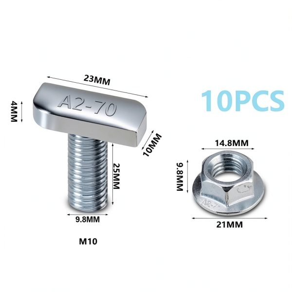 T Bolts M10x25mm T Slot Drop-in Bolt Hammer Head T Bolt with 10 Pcs Hexagon Flange Nuts T Shape Stud Sliding Screw for Aluminum Profile-2