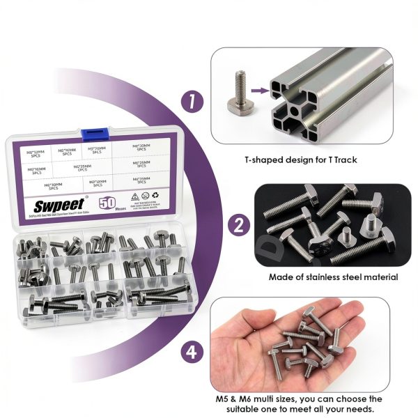 Swpeet 50Pcs 10 Sizes M5 M6 T Slot Drop-in Bolt Assortment Kit, Stainless Steel Thread T Slot Bolts, Hammer Head Bolt, T-Bolt, T Track Bolts, T Shape Stud Sliding Screw for Universal T Track-3