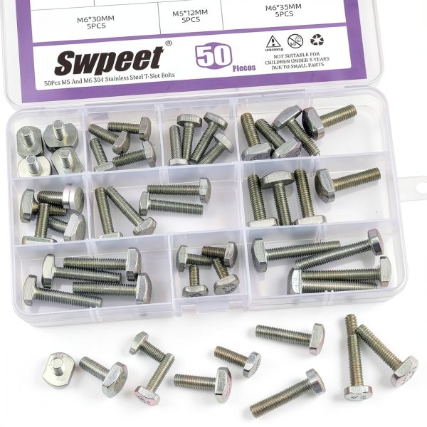 Swpeet 50Pcs 10 Sizes M5 M6 T Slot Drop-in Bolt Assortment Kit, Stainless Steel Thread T Slot Bolts, Hammer Head Bolt, T-Bolt, T Track Bolts, T Shape Stud Sliding Screw for Universal T Track-4